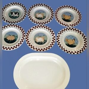 Vintage Tienshan Folk Art Stoneware Salad Plates ~ Corning CENTURA Platter
